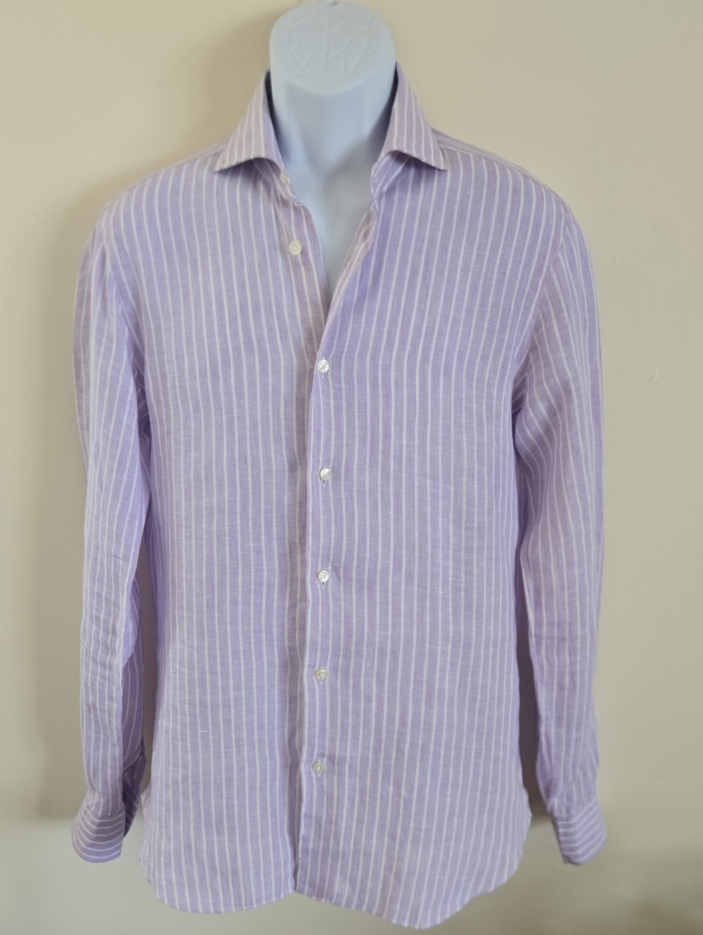 Barba Napoli Dandylife Lavender and White Striped Linen Button-Down Shirt